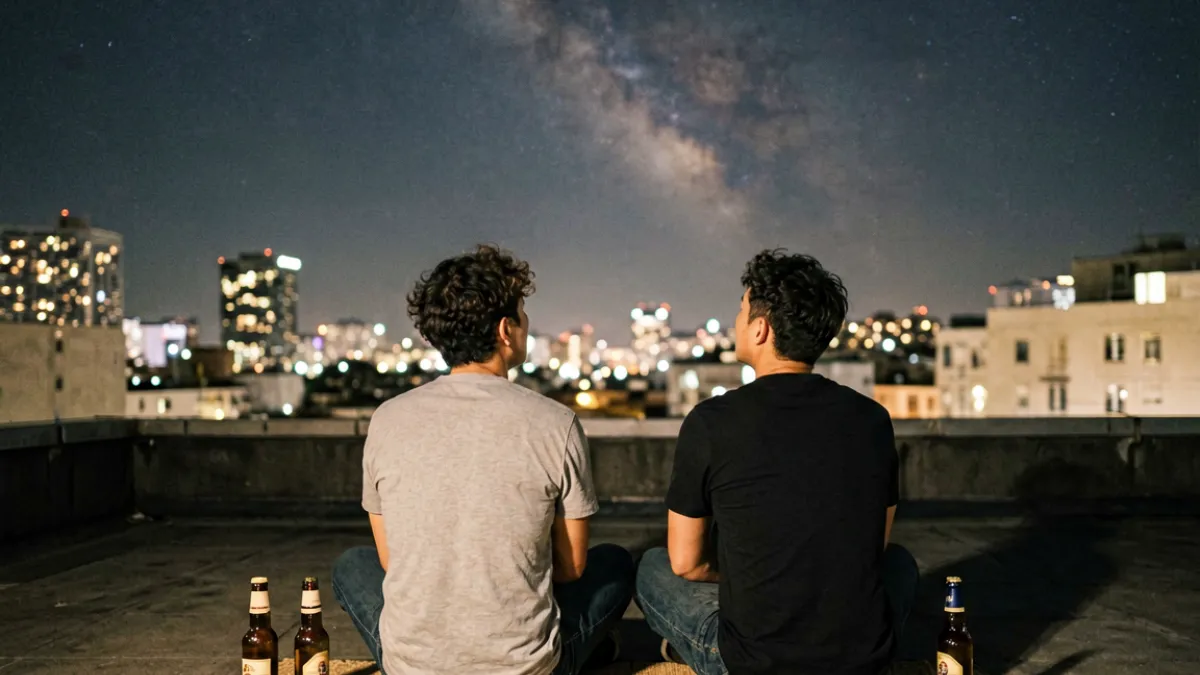 夜晚城市屋顶上两名男性背对镜头仰望星空，旁边放着啤酒瓶，适合一同看gv的温情场景