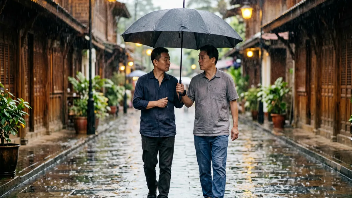 两名男演员在雨中街道相遇的经典一幕，撑着同一把伞，一同看gv爱情题材的代表性画面